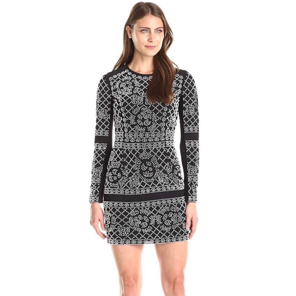 XSCAPE Black and White Beaded Cocktail Dress